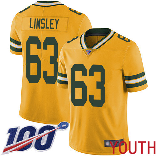 Green Bay Packers Limited Gold Youth 63 Linsley Corey Jersey Nike NFL 100th Season Rush Vapor Untouchable